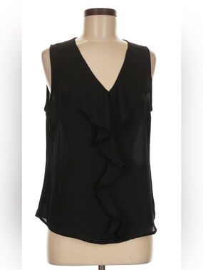 White House Black Market, XL, Cascading Ruffle V-Neck Sleeveless Blouse, Black